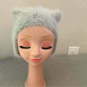 Soft Fuzzy Baby Knit Hat Gray Cat Ears Angora Style Newborn Infant Beanie One Sz
